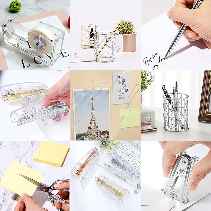 Office Desk Accessories，Office Supplies Set Acrylic Stapler Set Staple Remover, Tape Holder, Pen Holder, 2 Ballpoint Pen, Scissor, Binder Clips, Paper Clips and 1000pcs Staples(Silver)