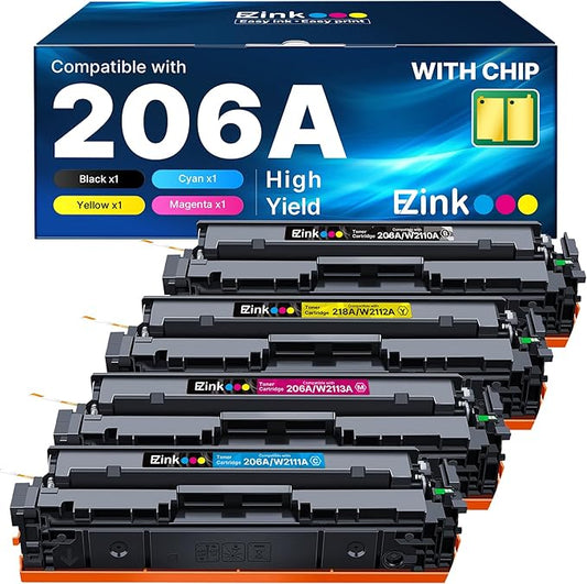 E-Z Ink Compatible 206A (with Chip) Replacement for HP 206A Toner Cartridges 4 Pack 206X to Use with Color Laserjet Pro MFP M283fdw M283cdw M283fdn M282nw Pro M255dw M255nw M283 M255 W2110A High Yield