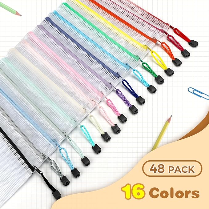 Umriox 48pcs Pencil Pouches, Mesh Bags with Zipper, A6 Size 16 Color Pencil Case Small Zipper Pouch, Zipper Bags, Waterproof Storage Pouch for Pencil, School Office and Travel Organization Supplies