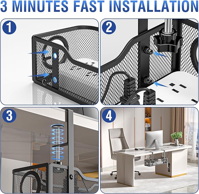 Under Desk Cable Management Tray - GZOKMOG No Drill Cord Organizer with Clamp, Workspace Organizers for Cords, Metal Mesh Wire Management for Home and Office, 2 Pack Black, 13.38 inch