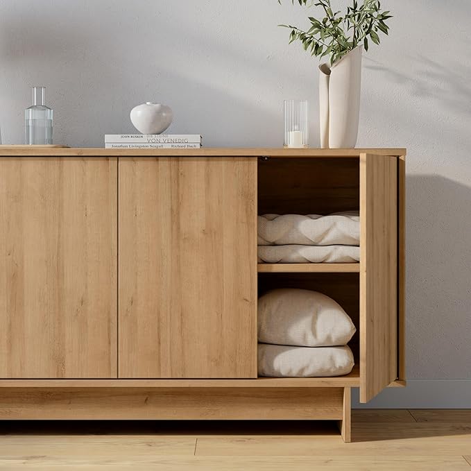 Prepac Natural Oak Finnley Sideboard Cabinet Buffet Cabinet with Storage Accent Cabinet for Living Room, Kitchen, Entryway Cabinet with Adjustable Shelves Push Latch System 16" D x 61.5" W x 30.75" H