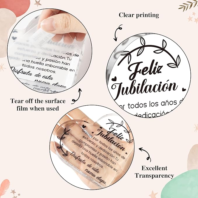 Yopyame Spanish Retirement Acrylic Gifts - Regalos para Feliz jubilación Heart Acrylic Plaque for Women Men Unique Acrylic Keepsake Paperweight for Retirees in Spanish Retirement Party Plaque Decor