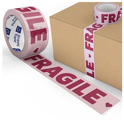 Fragile Packing Tape, Pink Burgundy Heart Cute Designer Packaging and Shipping Tape for Small Business - Printed Tape for Moving, 1.88" x 110 Yards (330 feet)