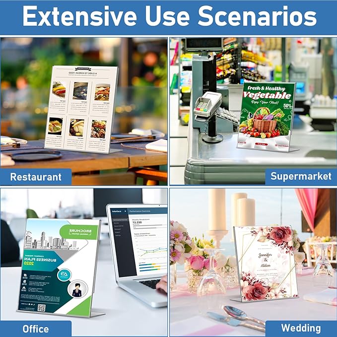 Acrylic Sign Holder 8.5x11 Inches, 10 Pack Clear Plastic Table Flyer Display Stand, L-Shape Vertical Menu Paper Holder Stand, Clear Picture Photo Flyer Display Stand for Restaurants, Store Fair,Office