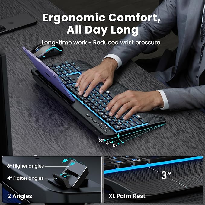 SABLUTE Wireless Keyboard and Mouse Combo, Rechargeable 4000mAh Light up Quiet Keyboard with Wrist Rest & Phone Holder, Ergonomic Silent Typing for PC/Mac/Laptop/Windows/Chrome OS