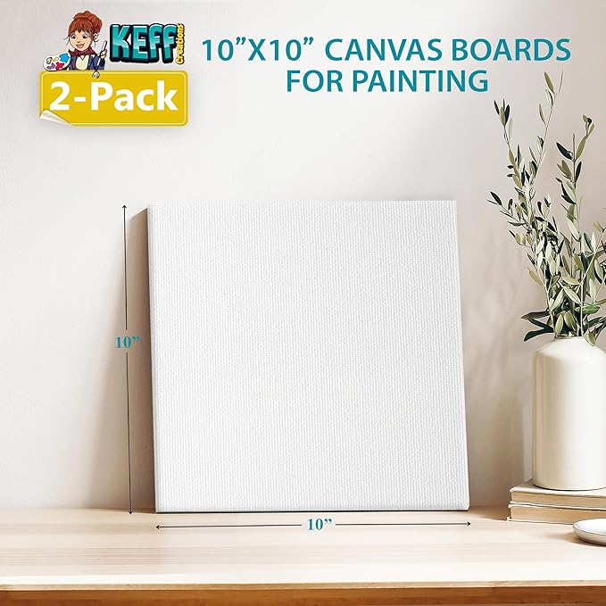 KEFF Canvas Boards for Painting - 10x10 2-Pack Bulk Canvas Panels, 100% Cotton Triple Primed Large Canvases for Art Painting Supplies, Acrylic, Oil, Watercolor & Tempera