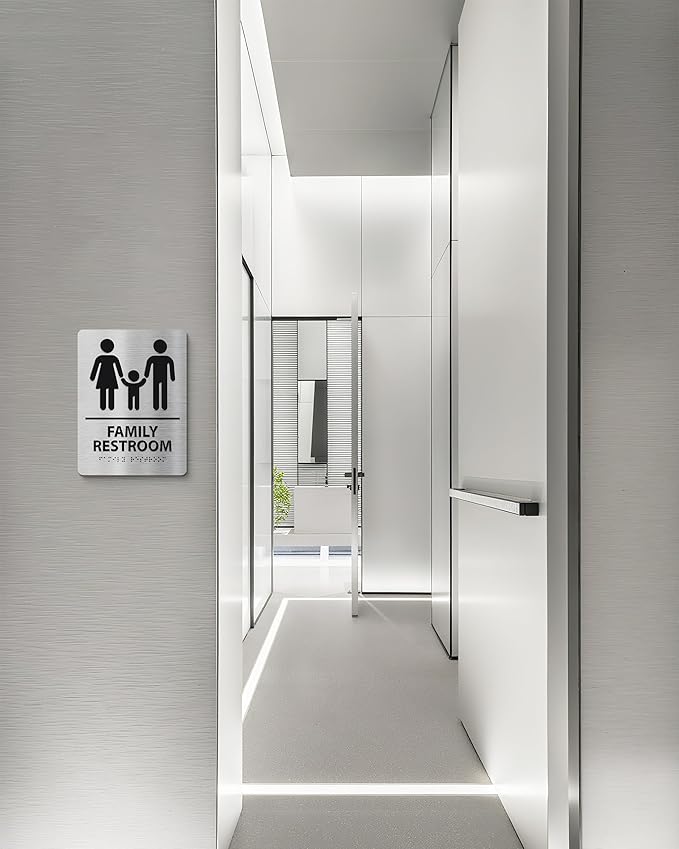ADA-Compliant Family Restroom Sign with Braille – Modern Aluminum Bathroom Sign for Public Facilities, Airports, Malls, Restaurants, and Offices, Easy Installation - 6" W x 8" H