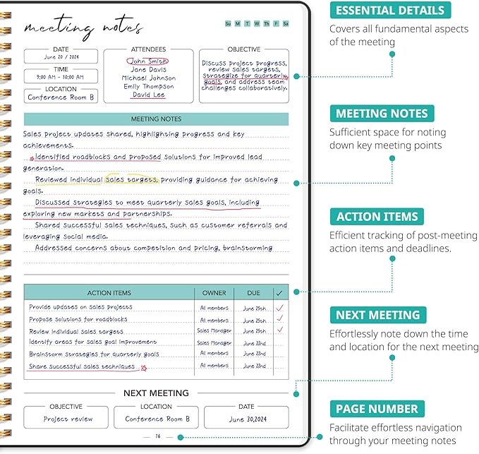 Taja 48 Pack of Meeting Notebook for Work Organization - Work notebook with action items, Meeting Minutes Planner Notebook, Perfect Office Supplies for Men & Women - Black