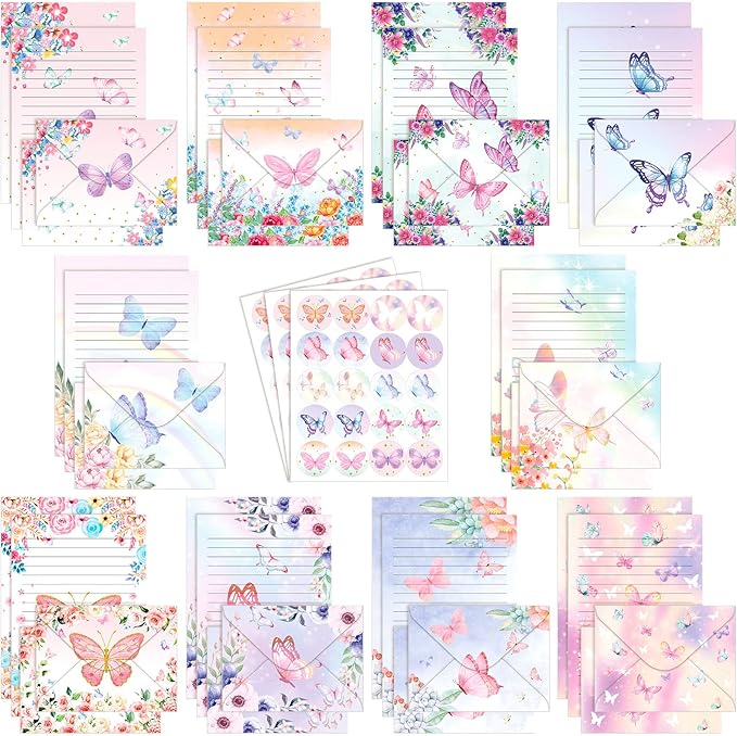 TaoBary 160 Pcs Stationery Paper Set 50 Double Sided Stationery Papers with 50 Matching Envelopes and 60 Round Dot Sticker, 10 Design(Watercolor Butterfly,5.5 x 8.25 Inch)