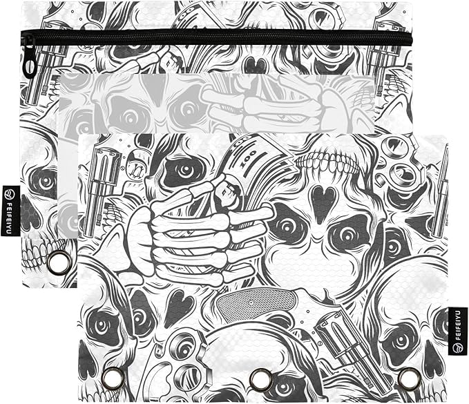 ZAZYXTJ Skeletons Skull Binder Pencil Pouchs 3 Ring with Zipper Clear Window Office Organizers bag for School Students Teacher Supplies 2 Pack
