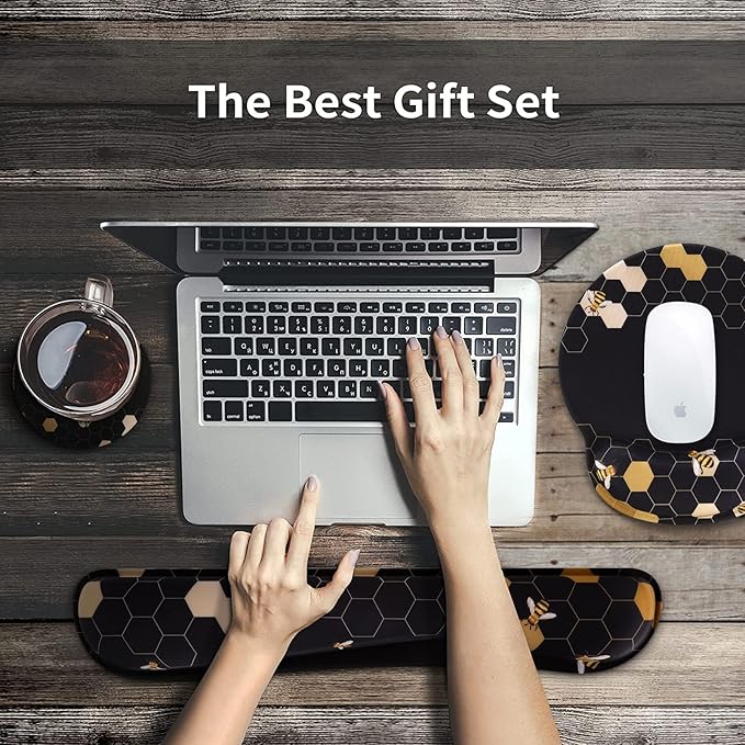 iCasso Desk Mat, Gaming Mouse Pad Wrist Support Set,4in1 XXL Large Mousepad + Keyboard Wrist Rest+Mouse Wrist Rest+Coaster Set with Ergonomic Design for Home Office Table Computer-Honeycomb