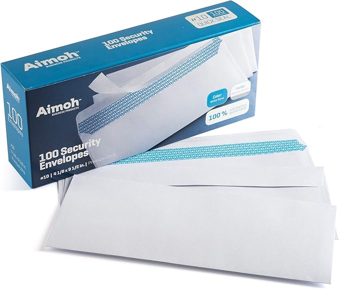Aimoh #10 Security Self Seal Envelopes – 100 Qty |No Window, EnveGuard, 4⅛ x 9½", White, 24 LB, 100 Count (34100)