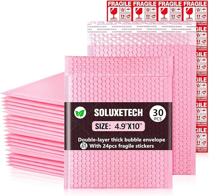 Bubble Mailers 4x10" 30 Pack and 24PCS Fragile Stickers Bright Pink Thick Waterproof Padded Poly Envelopes Small Bubble Wrap Mailers Self Seal Shipping Bag for Mailing Jewelry Makeup Small Business#0
