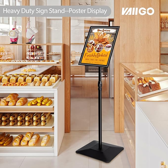 8.5"x11" Pedestal Poster Holder Stand with Heavy Duty Solid Steel Base, Adjustable Floor Standing Sign Holder for Vertical and Horizontal View, Super Stable Display, Black