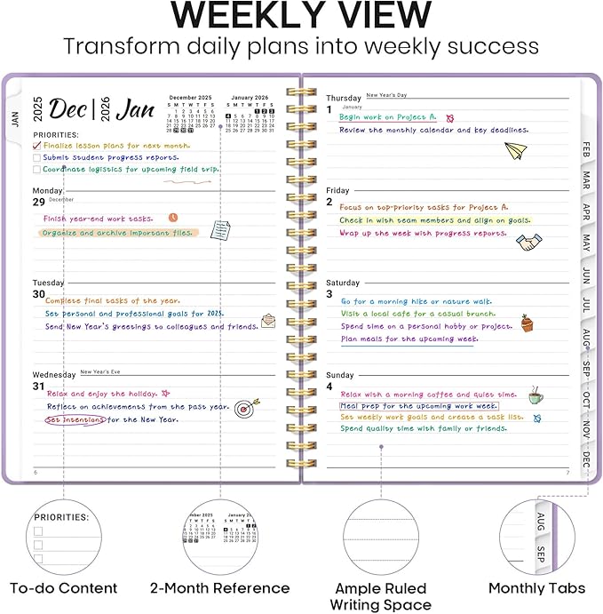 2026 Planner, Weekly and Monthly Calendar Planner Book, January 2026 - December 2026, Hardcover Spiral Planner with Monthly Tabs, Notes Pages, Perfect for Women & Men, A5 (6.4" x 8.5") - Lavender