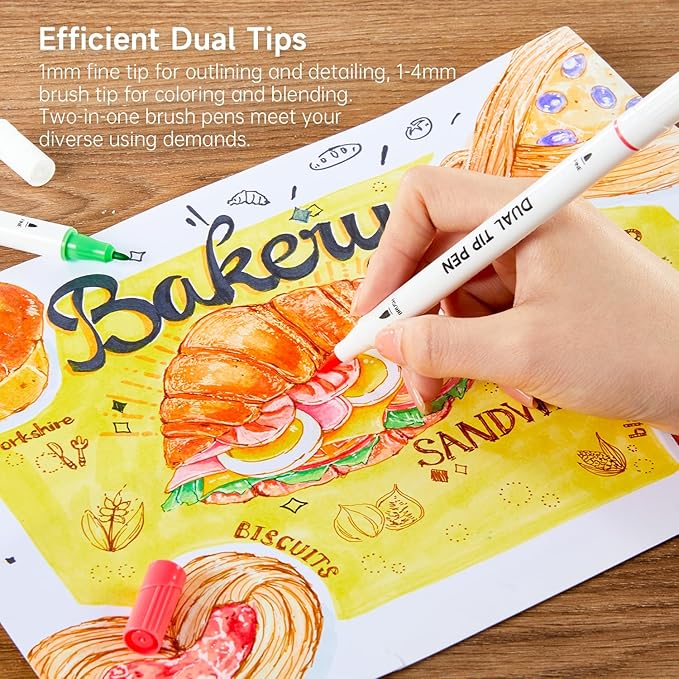 Shuttle Art Dual Tip Brush Marker Pens, 105 Colors Fine and Brush Tip Markers Set in Portable Case with 1 Coloring Book for Kids, Water-based Ink Adult Artist Coloring Calligraphy Journal Doodling