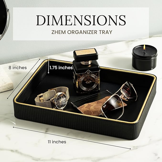 Black Leather Valet Tray for Men| Mens Valet Catch All Trays| Bedside Organizer for Nightstand| Cologne Tray for Men| Desk Trays