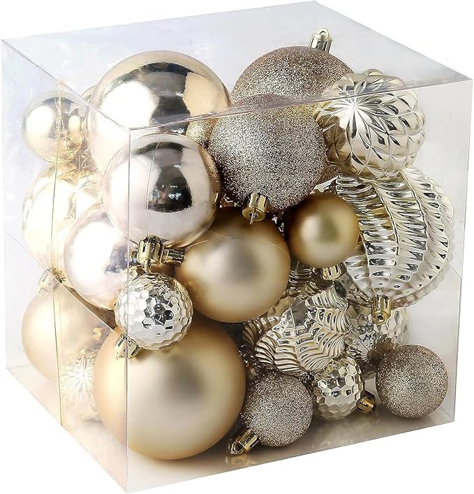 Christmas Balls Ornaments -36pcs Shatterproof Christmas Tree Decorations with Hanging Loop for Xmas Tree Wedding Holiday Party Home Decor,6 Styles in 3 Sizes(Champagne Gold)