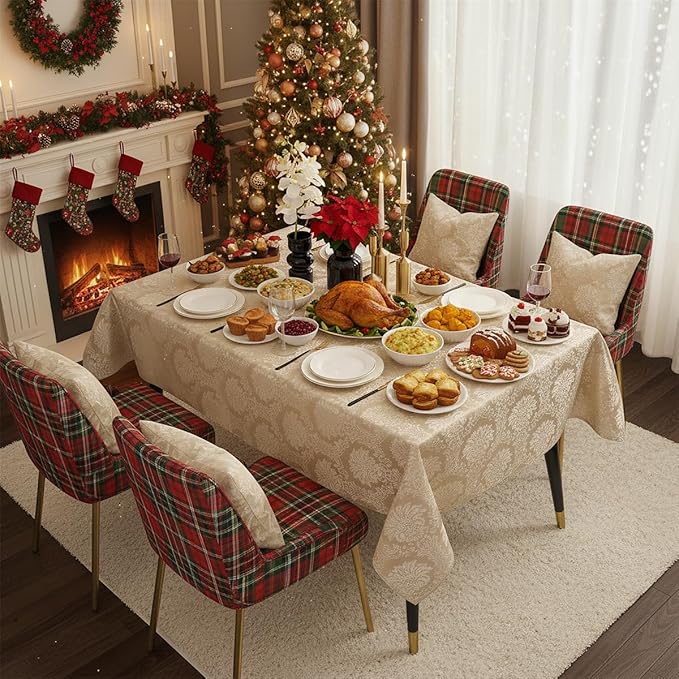 Romanvicky Christmas Jacquard Tablecloth Gold Flower Pattern Rectangle Table Cloth Spill Proof Wrinkle Resistant Polyester Table Cover for Party, Kitchen, Thanksgiving Decoration, 52 x 70 Inch