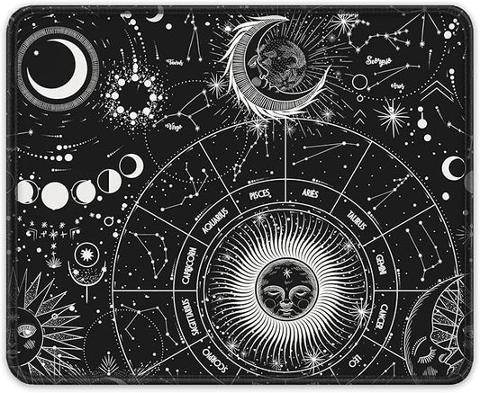 Auhoahsil Mouse Pad, 12 x 10 in Tarot Style Sun Moon Computer Mouse Pad for Desk, Premium-Textured Non-Slip Rubber Stitched Edges Waterproof Square Mouse Mat for Gaming Work Wireless Mice, Black