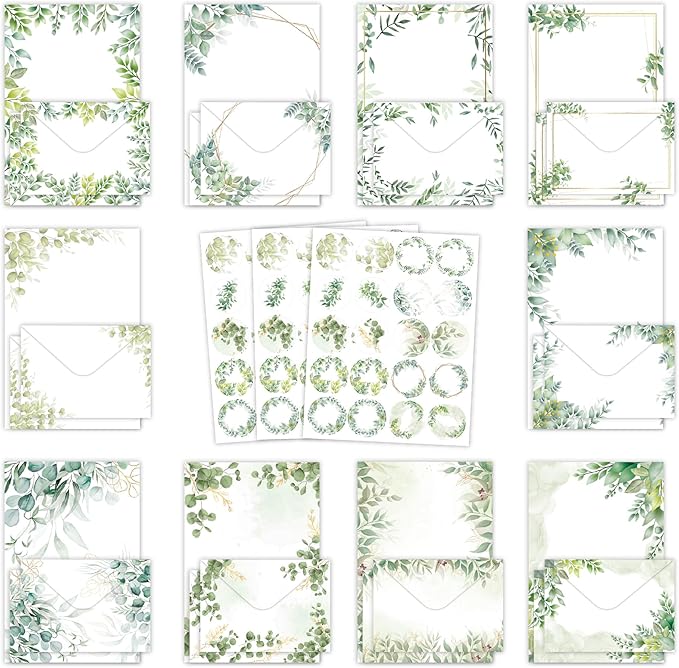 160 Packs Stationery Paper and Envelopes Set 10 Different Designs, 50 One Sided Stationery Writing Papers with 50 Matching Envelopes and 60 Round Dot Sticker, 5.5 x 8.25 Inch (PineLeaf)