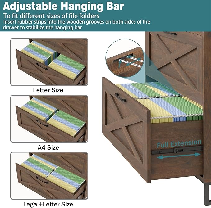 Lateral File Cabinet 2 Drawer File Cabinet with Charging Station, Modern Farmhouse Large Wood File Storage Cabinet for Home Office Furniture(Dark Walnut)