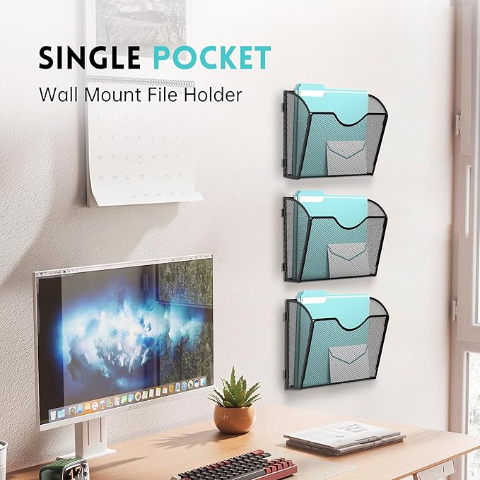 DALTACK 8 Pockets Mesh Wall File Organizer, Hanging File Organizer Vertical Wall Mount File Holder, Metal Wall File Pocket Document Magazine Rack for Office Home, Black