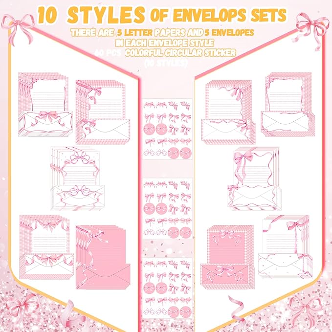 TaoBary 160 Pcs Stationery Paper Set 50 Double Sided Stationery Papers with 50 Matching Envelopes and 60 Round Dot Sticker, 10 Design(Pink Bow,8.5 x 11 Inch)