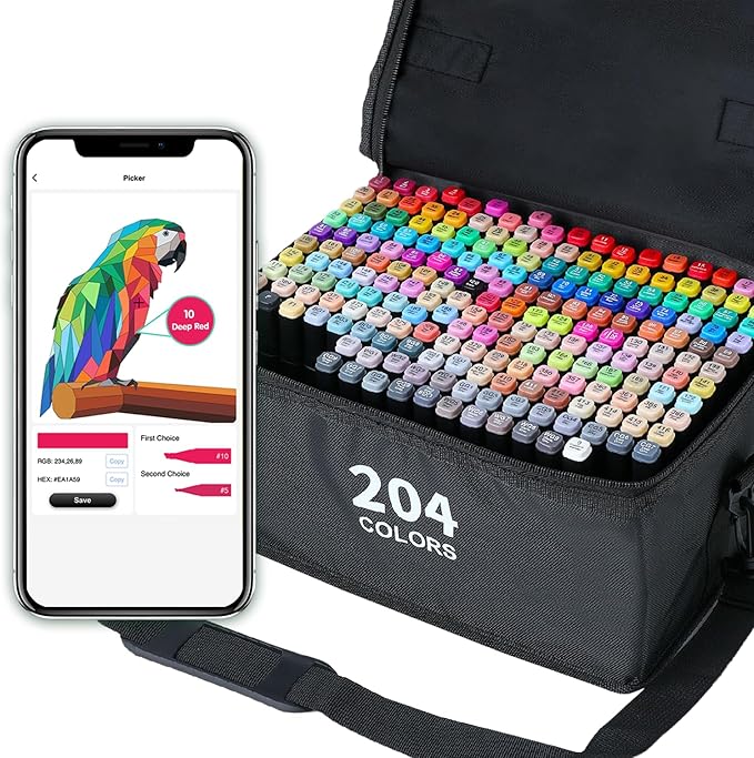 204 Colors Alcohol Markers, Art Markers for Artists with Coloring App, Dual Tip Marker for Adult Painting Sketching Drawing with Travel Case Great Gift Idea