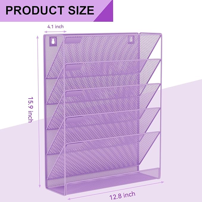 Wall File Organizer Holder Mesh Hanging Paper Document Holder, Vertical 6 Pocket Tier for Office Home, Light Purple
