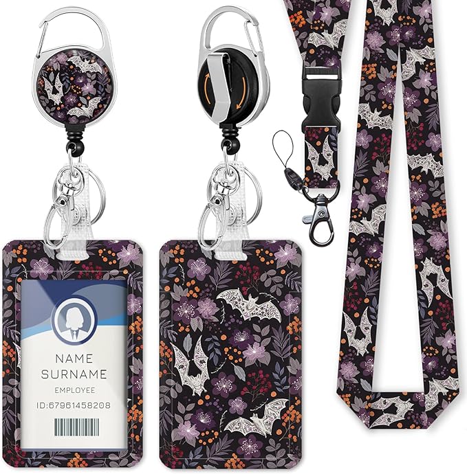 Gctriki Goth Lanyards for ID Badges, Bat Flower id Holder with Lanyard, Retractable Badge Reel Clip Keychain Name Tag Protector for Women Teacher Nurse Doctor Student Worker Office Supplies