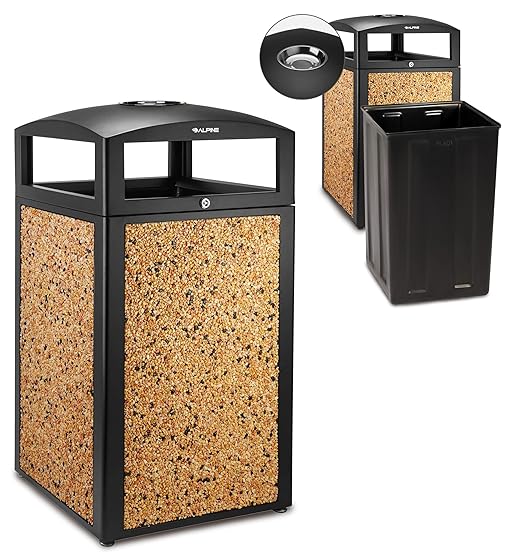Alpine Outdoor Commercial Trash Can with Lid - 40 Gallon Heavy Duty Metal Garbage Can with Removable Bin, Locking Lid & a Modern Look in Park & High Traffic Areas (Black, Brown Stone Panels with Tray)