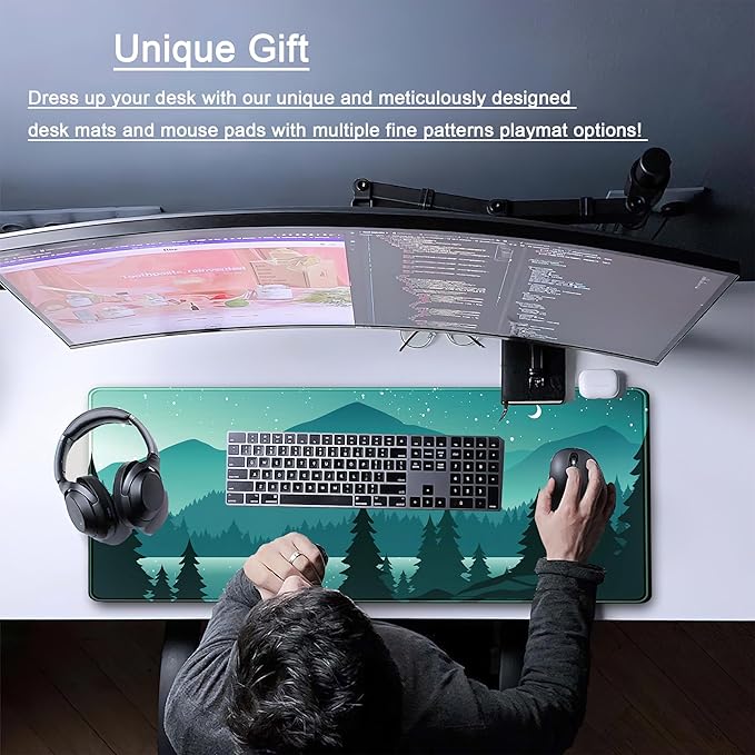 Aesthetics Sunset Mountains Green Desk Mat Mousepad, XL Large Gaming Mouse Pad, Cute Anime Moon Desk Pad Mouse Mat Girl Women Office Desk Decor Laptop Keyboard Mat with Stitched Edges 31.5''x11.8''