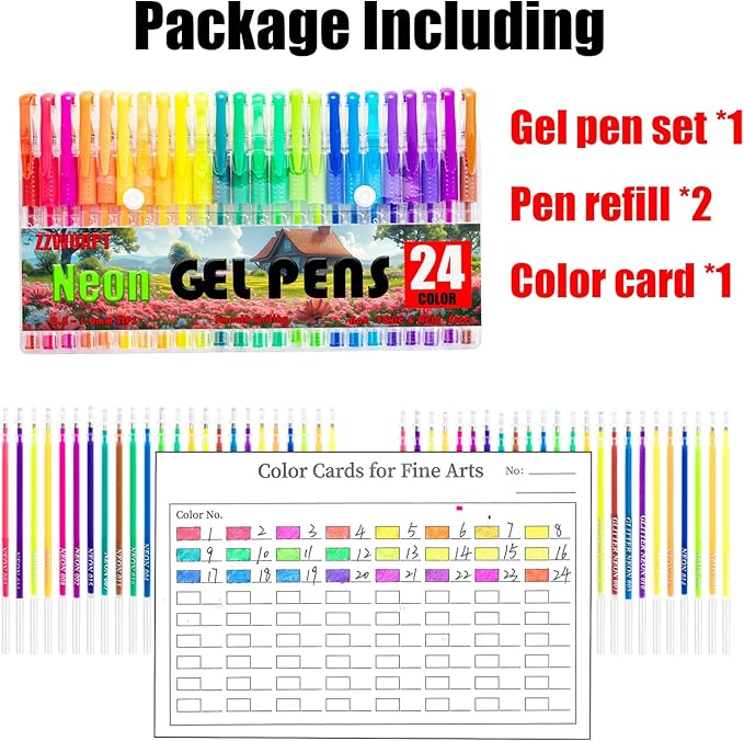 Neon Gel Pens for Coloring Book,72 Color Gel Pens Set including 24 Color Gel Pen with 48 Refills,40% More Ink Colored Gel Pens for Drawing, Doodling, Scrapbook, Journaling