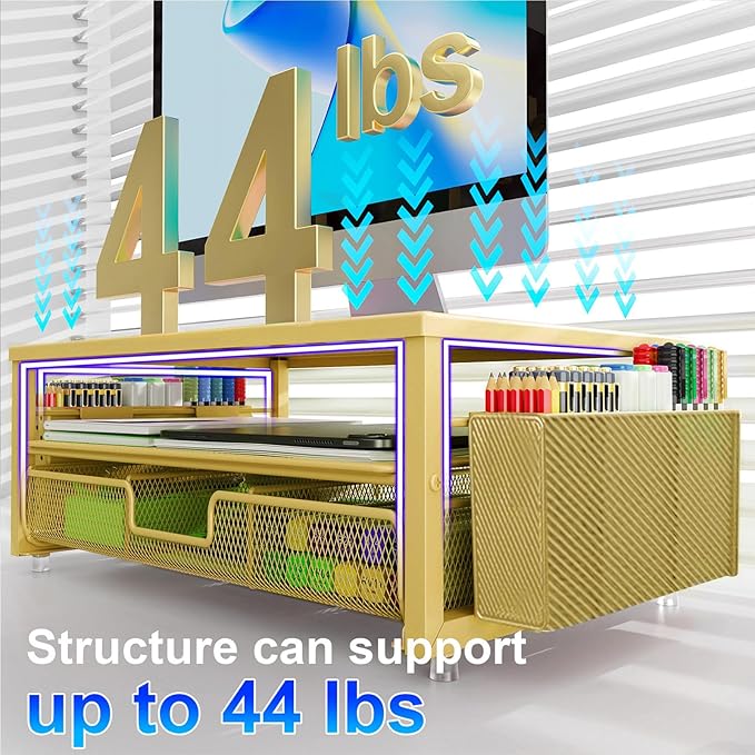 gianotter Desk Organizers and Accessories, Monitor Stand with Drawer and 2 Pen Holder, Desktop Organizer Suitable for Offices and Dormitories (Gold)