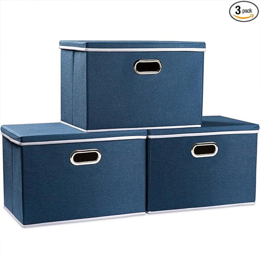 PRANDOM Large Collapsible Storage Bins with Lids [3-Pack] Fabric Foldable Storage Boxes Organizer Containers Baskets Cube with Cover for Home Bedroom Closet Office Royal Blue(17.7x11.8x11.8)