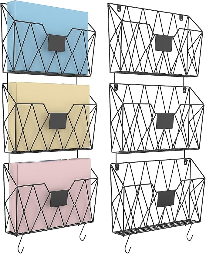 YBING Wall File Organizer Mesh Hanging Wall-mount Files Holder 6 Pack Hanging Wire Magazine Rack and Mail Holder with Hooks Office Wall Organizer for Papers Folders Files Clipboard Black