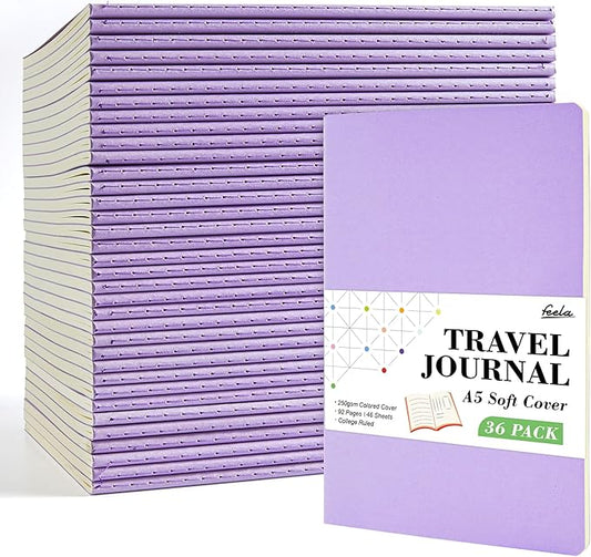 feela 36 Pack Soft Cover Journal Bulk, Lined Blank Travel Journal for Women Men Writing, Notebooks College Ruled for Work, Note Taking Notebook School Business Supplies, 8.2” x 5.5”, A5, Light Purple