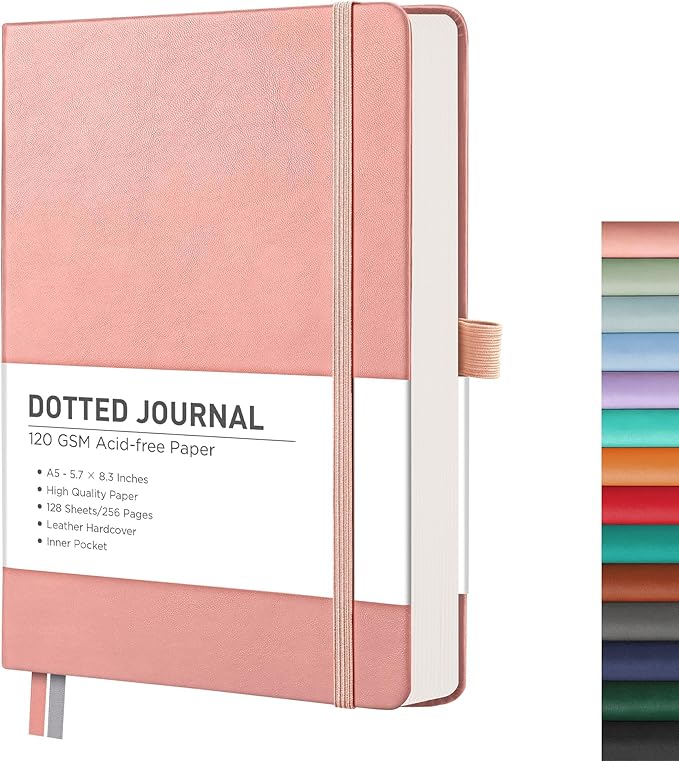 RETTACY Bullet Dotted Journal Notebook, 256 Pages, A5 Medium Size (5.7'' × 8.3''), Leather Hardcover, 120 GSM Thick Paper, for Bullet Journaling, Planning, Tracking (Pink)