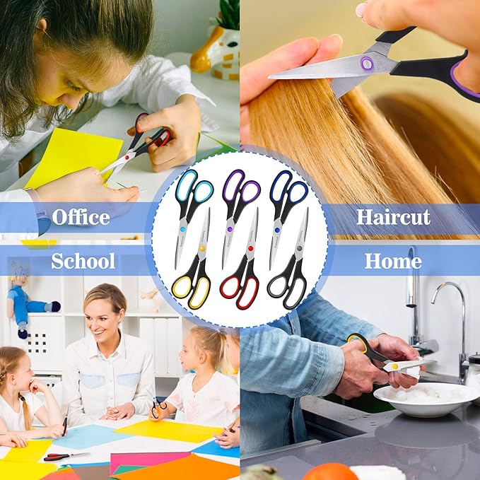 Scissors Set of 6-Pack, 8" Scissors All Purpose Comfort-Grip Handles, Sharp Scissor for Office Home School Craft Sewing Fabric Supplies, High/Middle School Student Teacher, Right/Left Hand