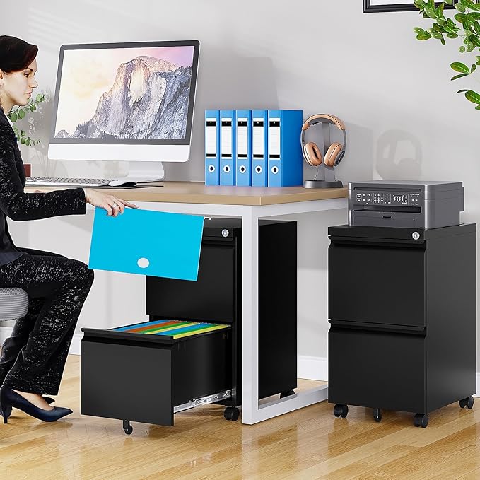 SISESOL Assembled 2 Drawer File Cabinet on Wheels,Metal Filing Cabinet with Lock,Black Rolling File Cabinets,Under Desk Office Cabinets for Home Office,Fit A4/Letter/Legal,Pre-Assembled Except Caster