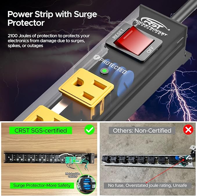 CRST 6 Outlet Surge Protector Power Strip 2100J with Switch, 15A/1875W Metal Heavy Duty Power Strip, Wide Spaced Wall Mount Power Bar for Garage Worshop Home School, 6 FT Cord（ Black+Yellow）