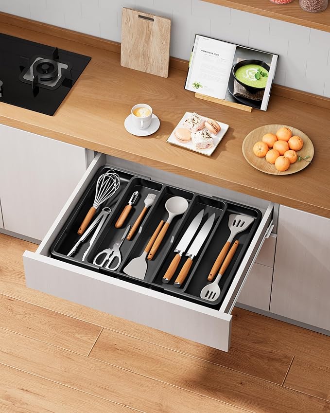 Kitsure Expandable Silverware Organizer – Large Utensil Drawer Kitchen Organization with 5 Compartments, Easy-Clean, Home & Apartment Essentials, Black, 13.6" x 1.4"x 11.0"~19.9"