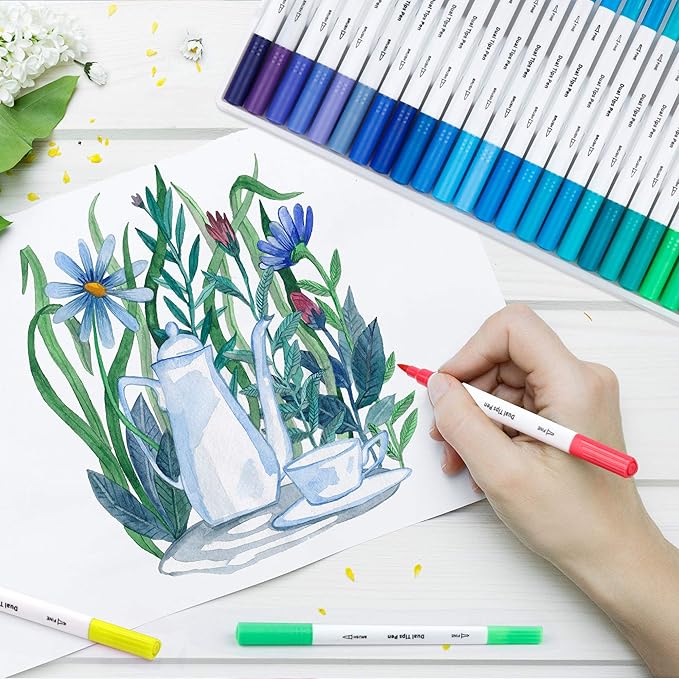 Lelix 120 Colors Dual Tips Brush Pens Art Markers with a Coloring Book, Brush and Fine Point Pens Fineliner for Adults Kids Coloring Books Calligraphy Journaling Lettering Drawing