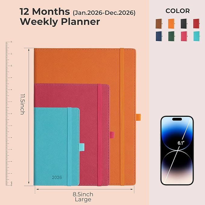 Weekly Monthly 2026 Planner (Jan.26-Dec.26),11.5"x8.5",12 Months Agenda Plan with Month Tabs & Pocket,Expenses/Note Pages, Appointment Book Calendar with Vegan Leather Cover,Light Blue