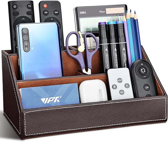 KINGFOM T31-6PCS/SET Office Desktop Decor Organizer Supplies Set PU Leather Remote Control Collection Holder, Pencil Holder Box, Business Card Holder, Mouse Pad, Sticky Notes Paper and Dispenser