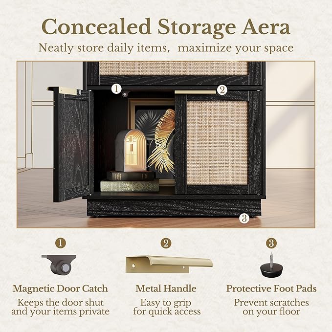 Bookshelf, Bookcase with Doors and 2 Drawers, Rattan Tall Bookshelf with 4-Tier Storage Shelves, 73 inch Wooden Book Shelf for Home Office, Living Room, Black