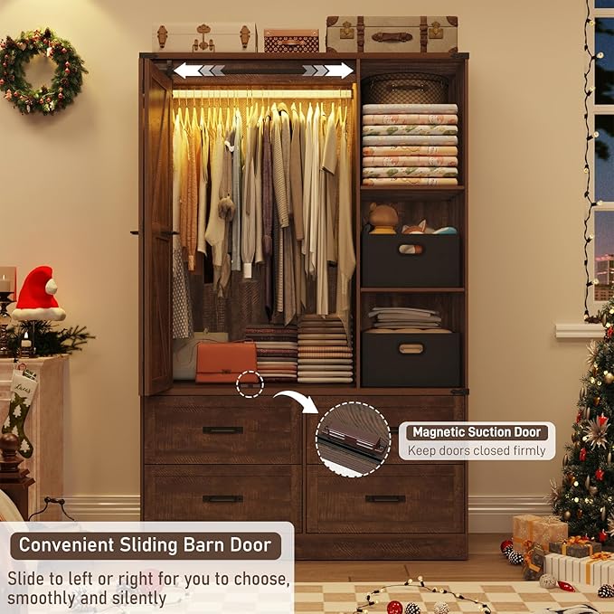 Farmhouse 3 Doors Armoire Wardrobe Closet w/Folding Sliding Barn Door and Lights, LED Armoire Closet w/Drawers for Bedroom, Freestanding Wooden Wardrobe Storage Closets w/Hanging Rod,Rustic Brown
