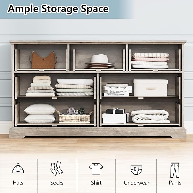 7 Drawer Dresser for Bedroom, 57" Wide Wooden Chest of Drawers, Rustic Farmhouse Dresser with Large Drawers & Metal Handles, Modern Storage Organizer for Closet, Living Room, Hallway, Grey