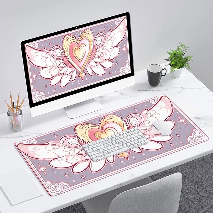 Cute Desk Mat Gaming Mouse Pad Kawaii Pink Anime Star Wings XL Mouse Pad Large Mousepad Extended Laptop Keyboard Mat Gaming Desk Pad Mouse Mat Office Computer Keyboard Laptop Home 31.5"x11.8"